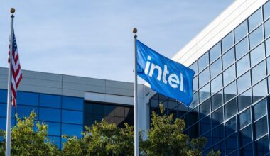 Intel flag in front of building.