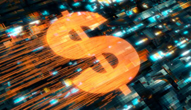 A dollar sign zooming through cyberspace.