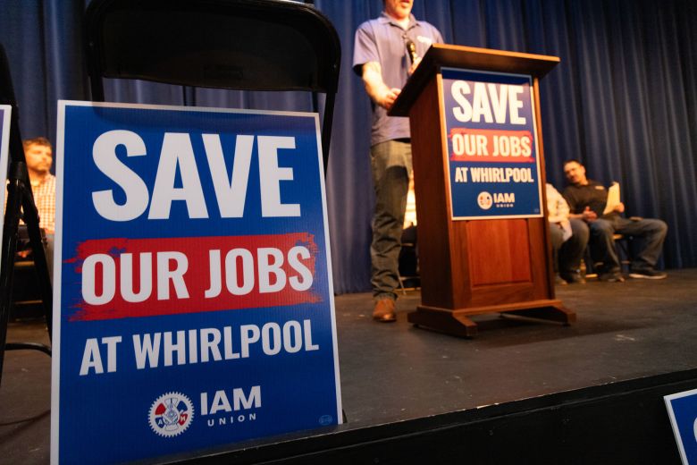 A 'Save Our Jobs at Whirlpool' rally, on March 6 in Amana. IAM Union said Whirlpool has shifted production to Mexico in recent years.