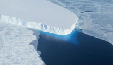 aerial photo of a large glacier, which juts out into a bay of dark-blue seawater