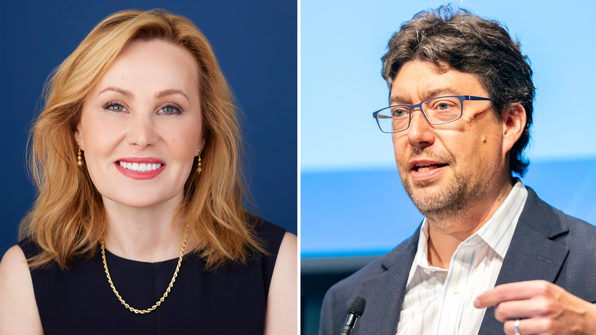 Two headshots side by side. The left photo is of a smiling woman with reddish-blonde hair, and the right photo is of a man with short salt-and-pepper hair and glasses