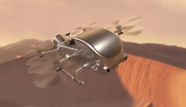 illustration of a silvery metallic rotorcraft flying over orangish dunes