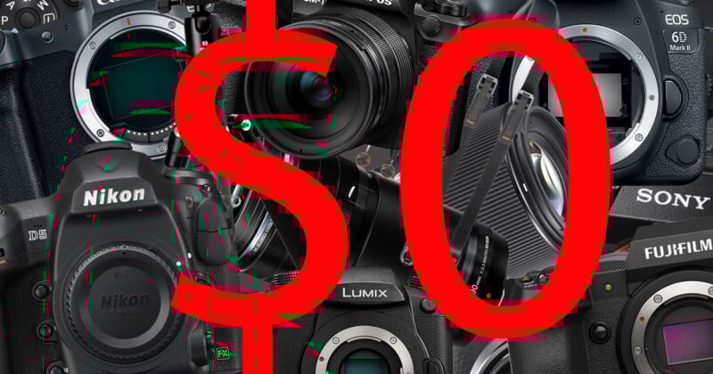 A collage of various professional cameras from brands like Nikon, Canon, Sony, Fujifilm, and Lumix, with a large red dollar sign and zero ($0) overlaid across the image.