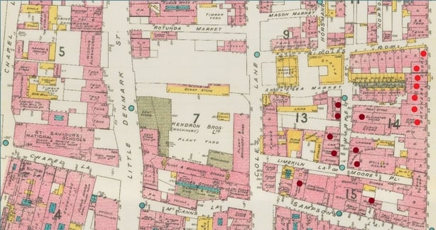 Cluster of butchers (red) and slaughterhouses (maroon) in the vicinity of Moore Street recorded on Goad's1957 Insurance Plan of the City of Dublin, Sheet 3. (Courtesy of Dr Joseph Brady).
