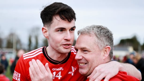 14 March 2026; Louth manager Gavin Devlin celebrates with player Conall McCaul after his side's victory in the Allianz Football League Division 2 match between Louth and Derry at DEFY Pairc Mhuire in Ardee, Louth. Photo by Thomas Flinkow/Sportsfile