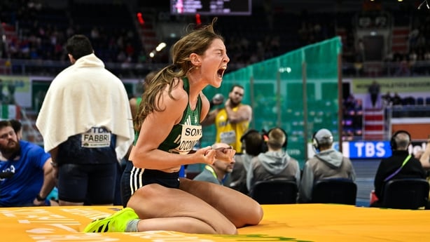 22 March 2026; Kate O'Connor of Ireland celebrates a clearance in the Women's high jump event in the Women's Pentathlon during day three of the World Athletics Indoor Championships at Kujawsko-Pomorska Arena in Torun, Poland. Photo by Sam Barnes/Sportsfile