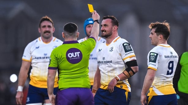21 March 2026; Rónan Kelleher of Leinster is shown a yellow card by referee Adam Jones during the United Rugby Championship match between Glasgow Warriors and Leinster at Scotstoun Stadium in Glasgow, Scotland. Photo by Brendan Moran/Sportsfile