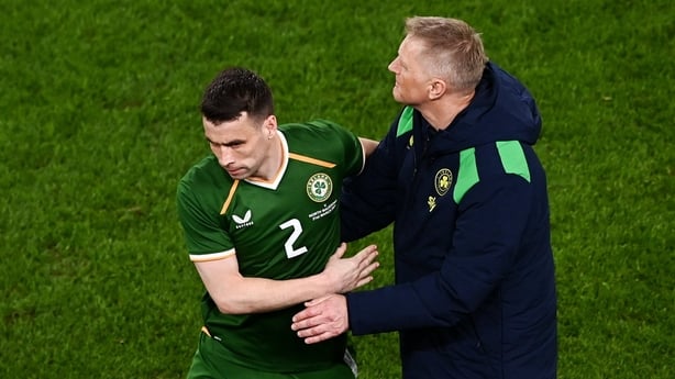 31 March 2026; Seamus Coleman of Republic of Ireland with manager Heimir Hallgrimsson upon being substituted during the international friendly match between Republic of Ireland and North Macedonia at Aviva Stadium in Dublin. Photo by Ben McShane/Sportsfile
