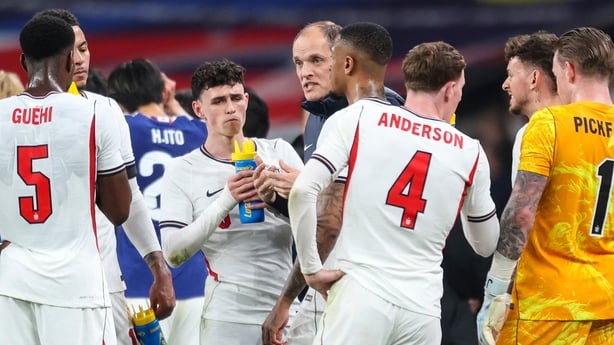 LONDON, ENGLAND - MARCH 31: Phil Foden with Head Coach Thomas Tuchel of England during the international friendly match between England and Japan at Wembley Stadium on March 31, 2026 in London, England. (Photo by Robin Jones/Getty Images)