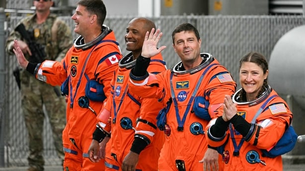 Canadian Space Agency (CSA) astronaut Jeremy Hansen, Artemis II mission specialist, NASA astronauts Victor Glover, Artemis II pilot, Reid Wiseman, Artemis II commander, and Christina Koch, Artemis II mission specialist