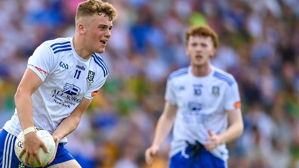 24 June 2023; Max McGinnity of Monaghan in action against Daniel Kirby of Kerry during the Electric Ireland GAA All-Ireland Football Minor Championship Semi-Final match between Kerry and Monaghan at Glenisk O'Connor Park in Tullamore, Offaly. Photo by Seb Daly/Sportsfile