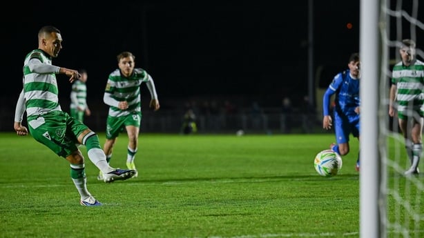 3 April 2026; Graham Burke of Shamrock Rovers scores his side's first goal, from a penalty, during the SSE Airtricity Men's Premier Division match between Waterford and Shamrock Rovers at the RSC in Waterford. Photo by Seb Daly/Sportsfile