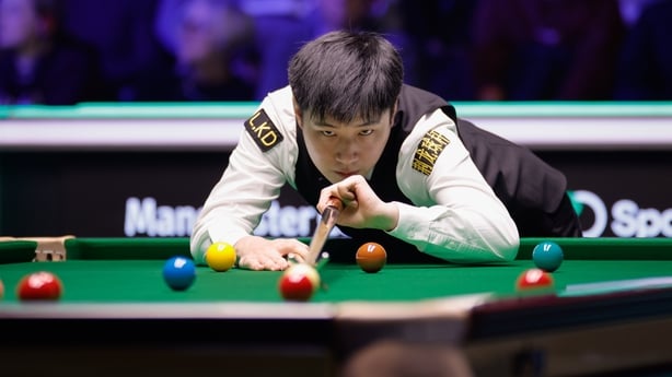 MANCHESTER, ENGLAND - APRIL 03: Zhao Xintong of China plays a shot in the Quarterfinal match against Chris Wakelin of England on day 5 of Sportsbet.io Tour Championship 2026 at the Manchester Central on April 3, 2026 in Manchester, England. (Photo by Tai Chengzhe/VCG via Getty Images)