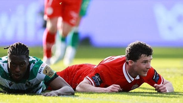 6 April 2026; Ali Coote of Shelbourne celebrates after scoring his side's first goal during the SSE Airtricity Men's Premier Division match between Shamrock Rovers and Shelbourne at Tallaght Stadium in Dublin. Photo by Thomas Flinkow/Sportsfile
