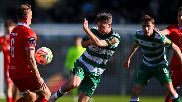 6 April 2026; Jack Byrne of Shamrock Rovers in action against JJ Lunney of Shelbourne during the SSE Airtricity Men's Premier Division match between Shamrock Rovers and Shelbourne at Tallaght Stadium in Dublin. Photo by Piaras Ó Mídheach/Sportsfile
