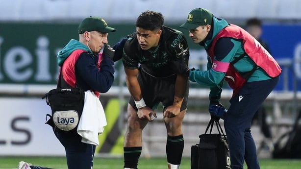3 April 2026; Josh Ioane of Connacht receives medical attention during the EPCR Challenge Cup match between Connacht and Hollywoodbets Sharks at Dexcom Stadium in Galway. Photo by Brendan Moran/Sportsfile