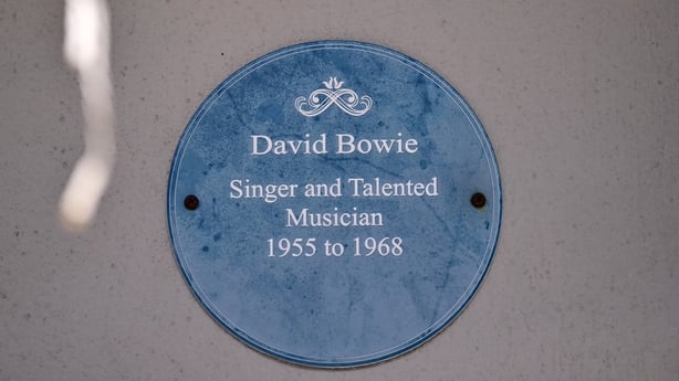 A blue plaque is pictured at the former home of British singer David Bowie, in Bromley, south east of London