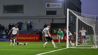 James Clarke of Derry City scores his side's first goal during the SSE Airtricity Men's Premier Division match between Dundalk and Derry City at Oriel Park in Dundalk, Louth.