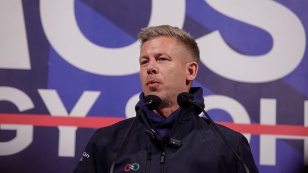Peter Magyar addresses supporters during a campaign rally in Miskolc, Hungary.