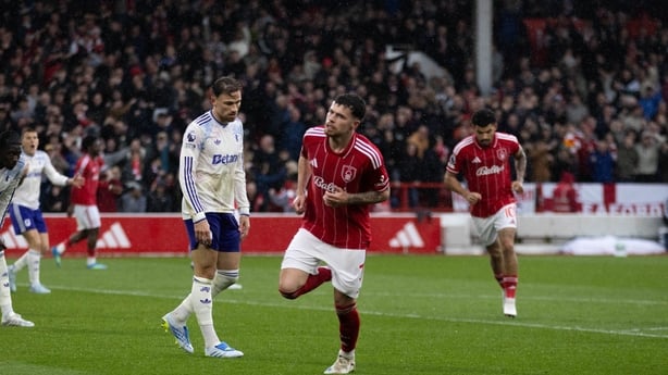 Neco Williams of Nottingham Forest celebrates scoring his teams first goal during the Premier League match between Nottingham Forest and Aston Villa at City Ground on April 12, 2026 in Nottingham, England.