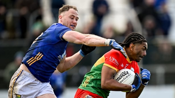 John Phiri of Carlow in action against Dean Healy of Wicklow during the Leinster GAA Football Senior Championship Round 1 match between Carlow and Wicklow at Netwatch Cullen Park in Carlow.