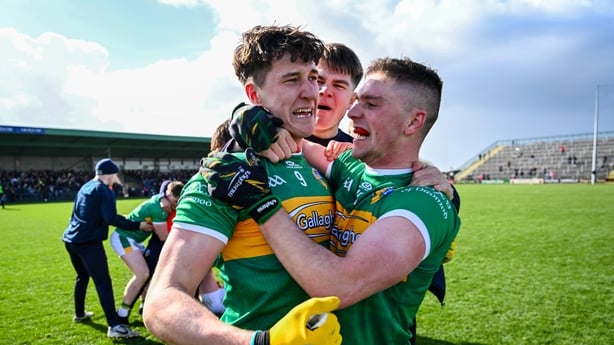 12 April 2026; Barry McNulty, left, and Riordan O'Rourke of Leitrim celebrate after the Connacht GAA Football Senior Championship quarter-final match between Sligo and Leitrim at Markievicz Park in Sligo. Photo by Tyler Miller/Sportsfile