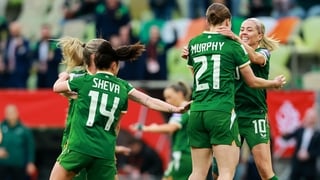 Emily Murphy of Republic of Ireland, 21, celebrates with team-mate Denise O’Sullivan, right, after scoring her side's first goal during the 2027 FIFA Women’s World Cup Qualifier match between Poland and Republic of Ireland at Polsat Plus Arena in Gdansk,