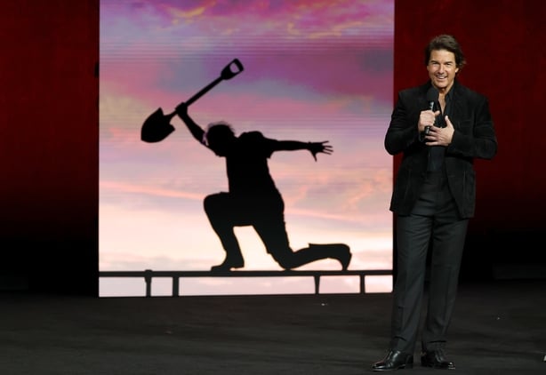 Tom Cruise promotes the upcoming film Digger at the Warner Bros. Pictures presentation at The Dolby Colosseum at Caesars Palace during CinemaCon, the official convention of Cinema United, on 14 April, 2026 in Las Vegas, Nevada. (Photo by Ethan Miller/Getty Images)