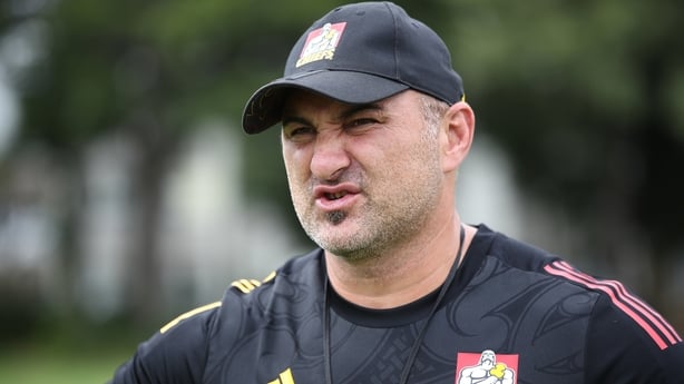 HAMILTON, NEW ZEALAND - MARCH 16: Chiefs assistant coach Roger Randle talks to the media during a Chiefs Super Rugby Aotearoa training session at Ruakura Research Centre on March 16, 2021 in Hamilton, New Zealand. (Photo by Michael Bradley/Getty Images)
