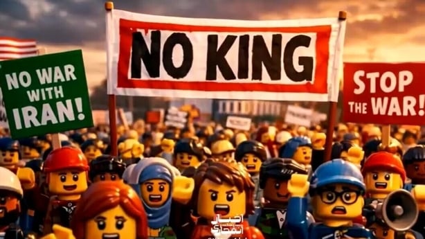 Lego figurines shown protesting Donald Trump and the war in Iran