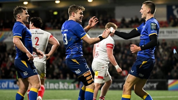 17 April 2026; Sam Prendergast of Leinster celebrates with team mate Garry Ringrose after scoring their side's fourth try during the United Rugby Championship match between Ulster and Leinster at Affidea Stadium in Belfast. Photo by David Fitzgerald/Sportsfile