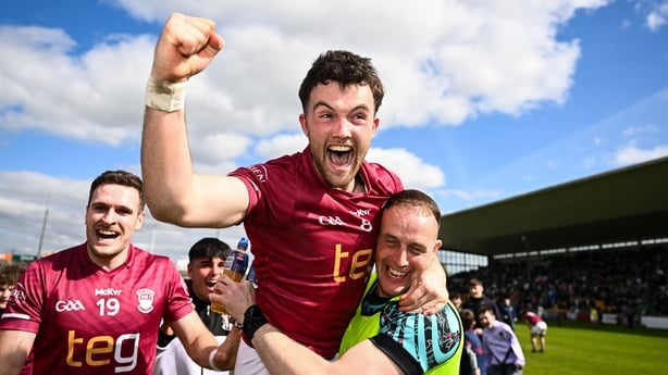 19 April 2026; Brían Cooney of Westmeath celebrates after the Leinster GAA Football Senior Championship quarter-final match between Meath and Westmeath at Glenisk O'Connor Park in Tullamore, Offaly. Photo by Ben McShane/Sportsfile