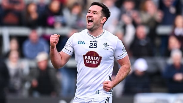 Kildare , Ireland - 19 April 2026; Ben McCormack of Kildare celebrates his side's second goal, scored by team-mate Darragh Kirwan, during the Leinster GAA Football Senior Championship quarter-final match between Kildare and Laois at Cedral St Conleths Park in Newbridge, Kildare. (Photo By Piaras Ó M