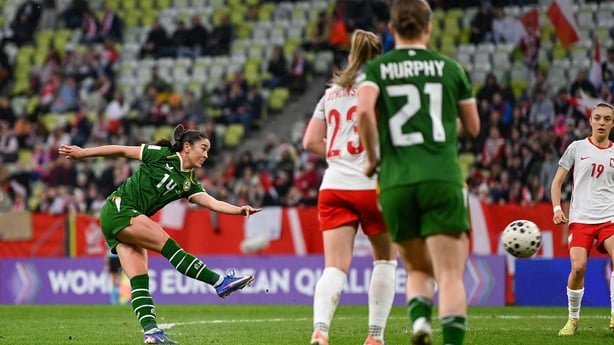 Marissa Sheva of Republic of Ireland shoots to score her side's third goal during the 2027 FIFA Women's World Cup Qualifier match between Poland and Republic of Ireland at Polsat Plus Arena in Gdansk, Poland.