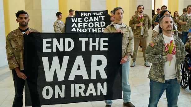 WASHINGTON, DC - APRIL 20: Veterans, military family members, and supporters occupy the Cannon House Office Building on Capitol Hill calling upon the Trump administration to end the war on Iran on April 20, 2026 in Washington, DC. (Photo by Leigh Vogel/Getty Images for About Face: Veterans Against T