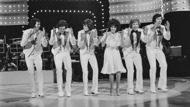 The Osmonds perform live at Shepherd's Bush in London, during the Osmond Family UK TV special in August 1974