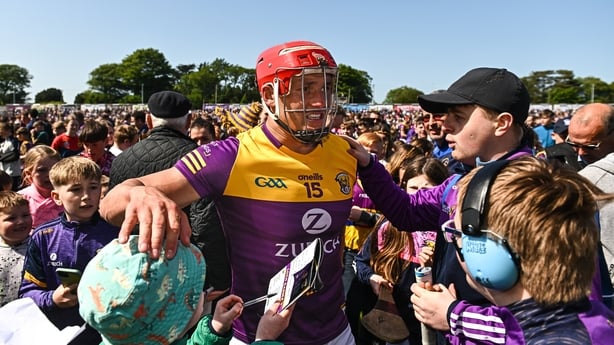 28 May 2023; Lee Chin of Wexford celebrates with supporters after the Leinster GAA Hurling Senior Championship Round 5 match between Wexford and Kilkenny at Chadwicks Wexford Park in Wexford. Photo by Eóin Noonan/Sportsfile