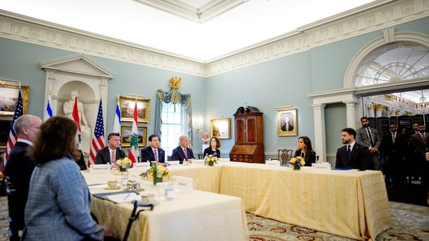 WASHINGTON, DC - APRIL 14: U.S. Secretary of State Marco Rubio (4th-L), accompanied by U.S. State Department Counselor Michael Needham (3rd-L), U.S. Ambassador to Lebanon Michel Issa (4th-R), Lebanese Ambassador to the U.S. Nada Hamadeh Moawad (2nd-R) and Israeli Ambassador to the U.S. Yechiel Leite
