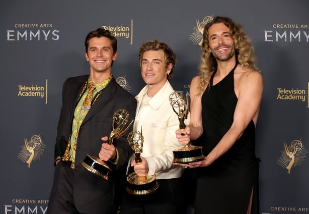LOS ANGELES, CALIFORNIA - SEPTEMBER 07: (L-R) Antoni Porowski, Jeremiah Brent and Jonathan Van Ness, winners of the Outstanding Structured Reality Program Award for 