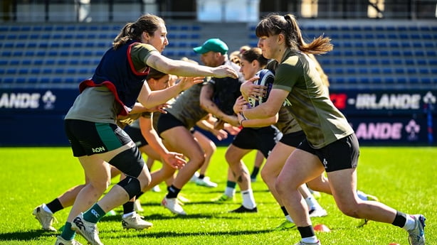 24 April 2026; Eve Higgins, left, and Niamh Gallagher during an Ireland Women's Rugby captain's run at Stade Marcel Michelin in Clermont, France. Photo by Shauna Clinton/Sportsfile