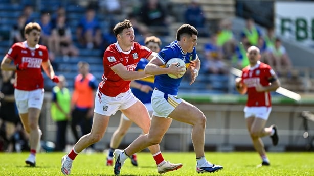 Sean O'Connor of Tipperary in action against Daniel O'Mahony of Cork during the Munster GAA Football Senior Championship semi-final match between Tipperary and Cork at FBD Semple Stadium in Thurles, Tipperary.