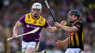 25 April 2026; Jack Redmond of Wexford is tackled by Mikey Butler of Kilkenny during the Leinster GAA Senior Hurling Championship Round 2 match between Kilkenny and Wexford at UPMC Nowlan Park in Kilkenny. Photo by Ray McManus/Sportsfile