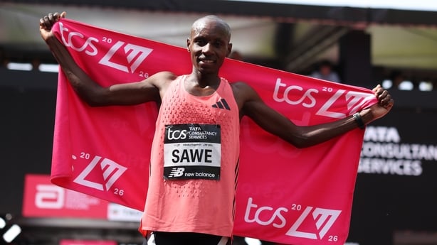 Sabastian Sawe of Team Kenya celebrates crossing the line and winning with a new World Record time during the Men's 2026 TCS London Marathon on April 26, 2026 in London, England.