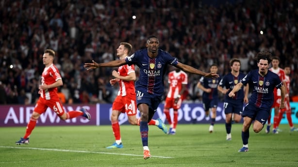 Ousmane Dembele of Paris Saint-Germain celebrates scoring his team's third goal from the penalty spot during the UEFA Champions League 2025/26 Semi Final First Leg match between Paris Saint-Germain and FC Bayern München at Parc des Princes on April 28, 2026 in Paris, France.