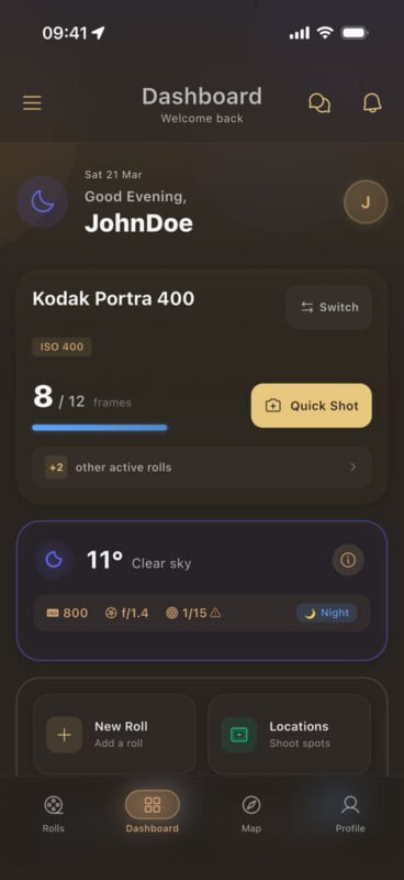 A mobile app dashboard displays film roll details, weather info, and navigation icons. It shows "Kodak Portra 400," 8/12 frames used, ISO 400, 11°C clear sky, and buttons for new roll, locations, and profile.