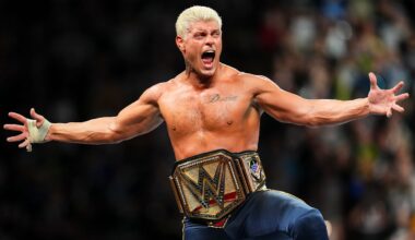 CLEVELAND, OHIO - AUGUST 03: Cody Rhodes celebrates his win during SummerSlam at Cleveland Browns Stadium on August 3, 2024 in Cleveland, Ohio.