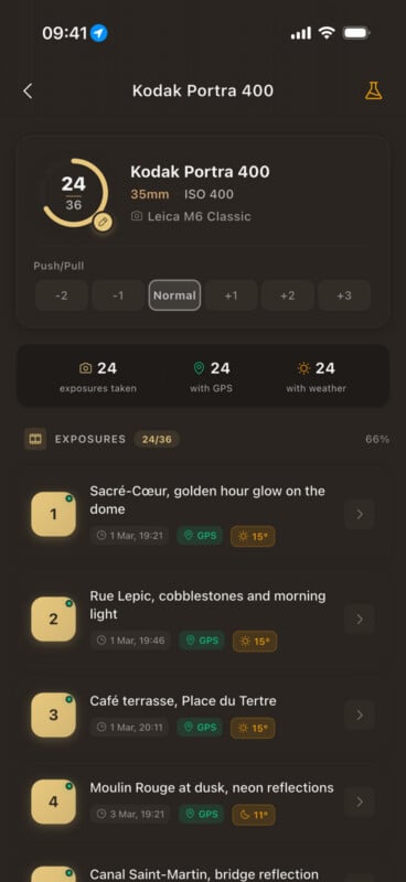 Screenshot of a photography app displaying Kodak Portra 400 film details: 35mm, ISO 400, Leica M6 Classic, 24 exposures taken, and a list of exposures with locations, GPS tags, and weather info.
