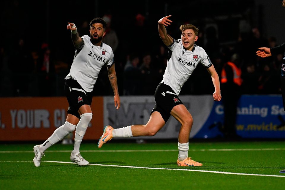 Ronan Teahan celebrates after equalising for Dundalk at Oriel Park. Photo: Sportsfile