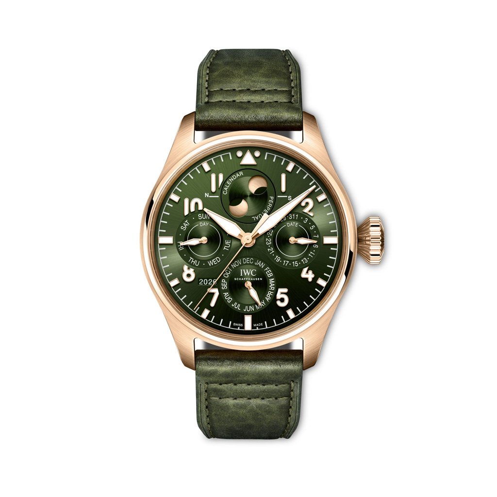 IWC Schaffhausen Big Pilot’s Watch Perpetual Calendar ProSet is also available with a dark olive green dial and gold accents. Photo: Handout