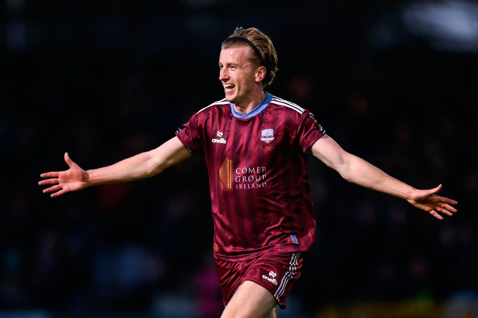 Galway's David Hurley celebrates after opening the scoring against Derry City. Photo: Stephen McCarthy/Sportsfile